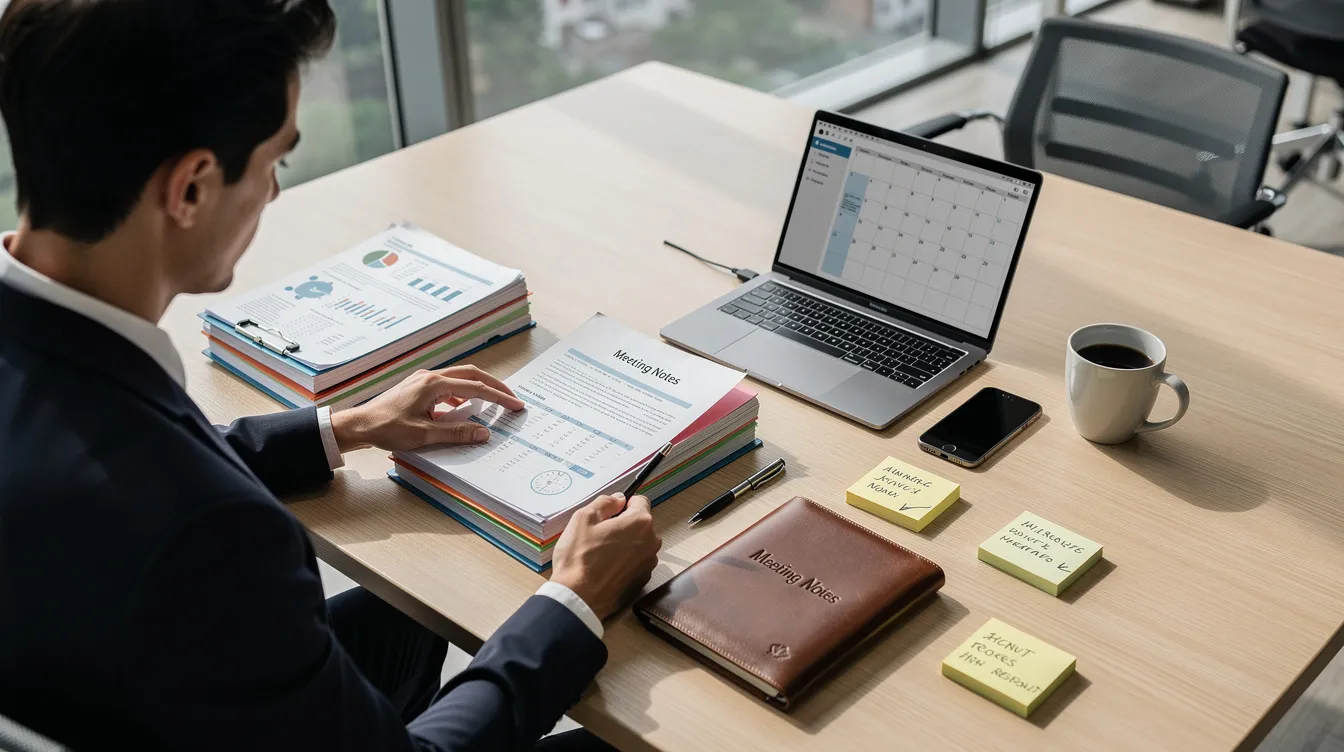 A person is seen organizing various documents and folders at a desk, preparing for an important meeting related to partnership disputes. The scene suggests a focus on business partnership agreements and the legal strategies involved in resolving potential conflicts among business partners.