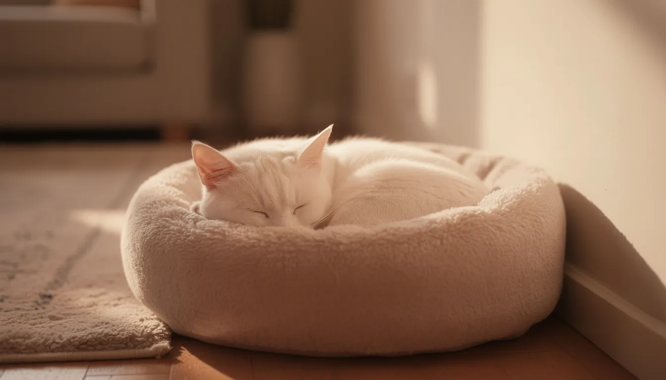 Een rustige kitten ligt ontspannen in een gezellige kattenbak in een stille hoek met zachte verlichting. De schattige poes voelt zich goed en geniet van de comfortabele omgeving, perfect voor katten om te rusten en te ontspannen.