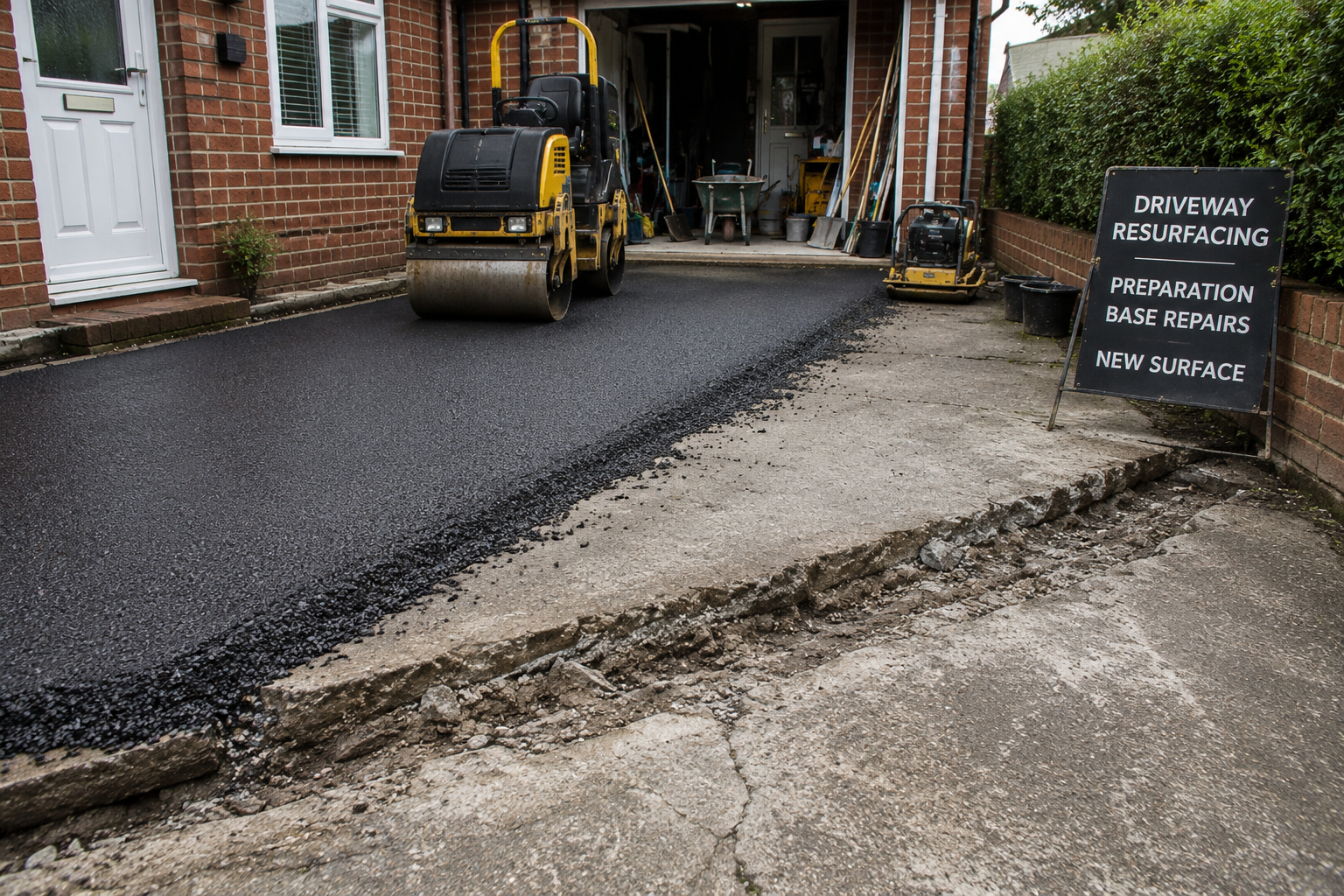 Residential driveway undergoing resurfacing work with damaged concrete being replaced by a new smooth surface outside a UK home