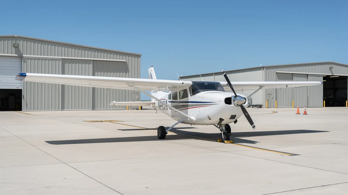 A small single-engine aircraft is parked on a sunny airport ramp, surrounded by hangars, symbolizing the beginning of flight training for aspiring pilots. This scene represents a key step in the journey to obtaining a commercial pilot license, where many pilots start their professional careers in aviation.