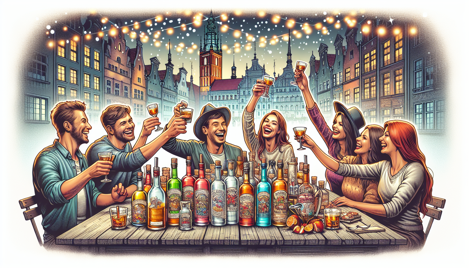 An illustration of people enjoying vodka tasting tours in a lively atmosphere.