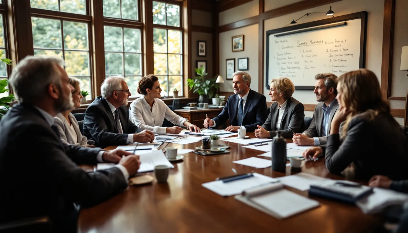 The image depicts a multi-generational family business meeting, where members are engaged in a discussion about succession planning. They are considering smart business decisions regarding the company's value, including aspects like independent third-party valuations and employee stock ownership plans to ensure fairness and proper oversight in the transition of ownership.
