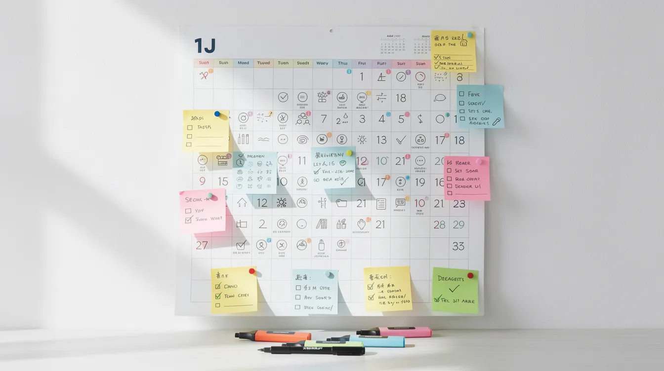 The image features a calendar filled with color-coded sticky notes and task markers, organized to enhance productivity and track important deadlines. This setup is ideal for managing cold email campaigns, helping sales teams prioritize follow-ups and effectively target their audience for better response rates.