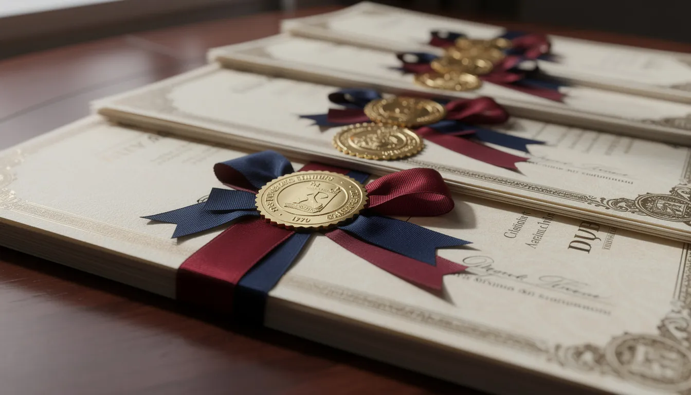 A stack of elegant diploma certificates featuring gold embossed seals and ribbons rests on a wooden desk, showcasing a professional layout suitable for educational achievements. These diploma templates are ideal for students completing high school or college, reflecting their hard work and dedication.