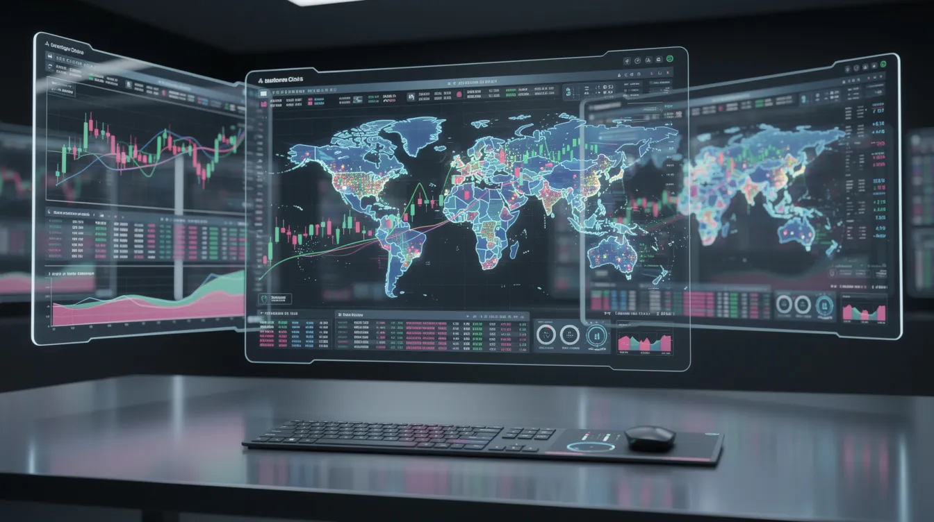 The image features a futuristic financial data dashboard showcasing colorful charts and market visualizations across multiple screens, illustrating the integration of AI tools in financial advisory. This setup emphasizes the contrast between AI-powered financial advice and traditional human advisors, highlighting the importance of human oversight in portfolio management and investment strategies.
