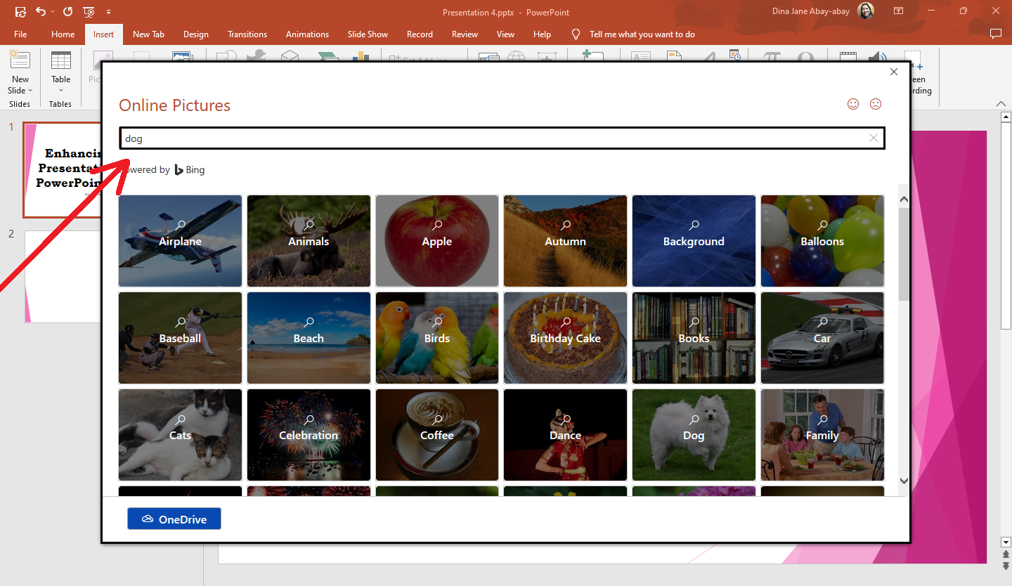 In the "Online Pictures" dialog box, type keywords for your clipart and press enter.