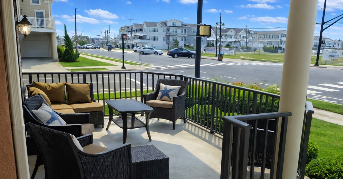 Private balcony seating at a Thunderbird vacation rental on Surf Avenue in North Wildwood, overlooking the street and nearby beach area.