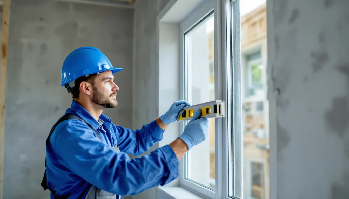 Een professionele installateur is bezig met het plaatsen van nieuwe kunststof kozijnen, die zorgen voor een hoge isolatiewaarde en energiebesparing. Deze energiebesparende maatregelen kunnen mogelijk in aanmerking komen voor de ISDE subsidie, waardoor het financieel aantrekkelijker wordt om de woning te verduurzamen.