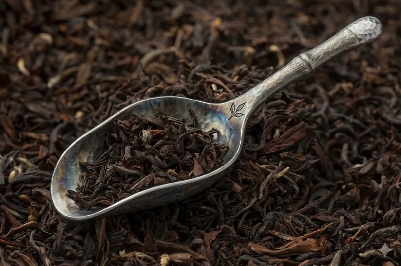 A macro, top-down shot of a metallic, textured silver tea scoop filled with dark, twisted loose tea leaves, resting on a dense bed of the same dried black tea leaves. The metal scoop features a hammered pattern on its handle and a small, delicate engraving of a three-leaf sprig where the handle meets the base. The lighting highlights the rich brown and black tones of the tea leaves, creating a deep, textured composition that fills the entire frame.