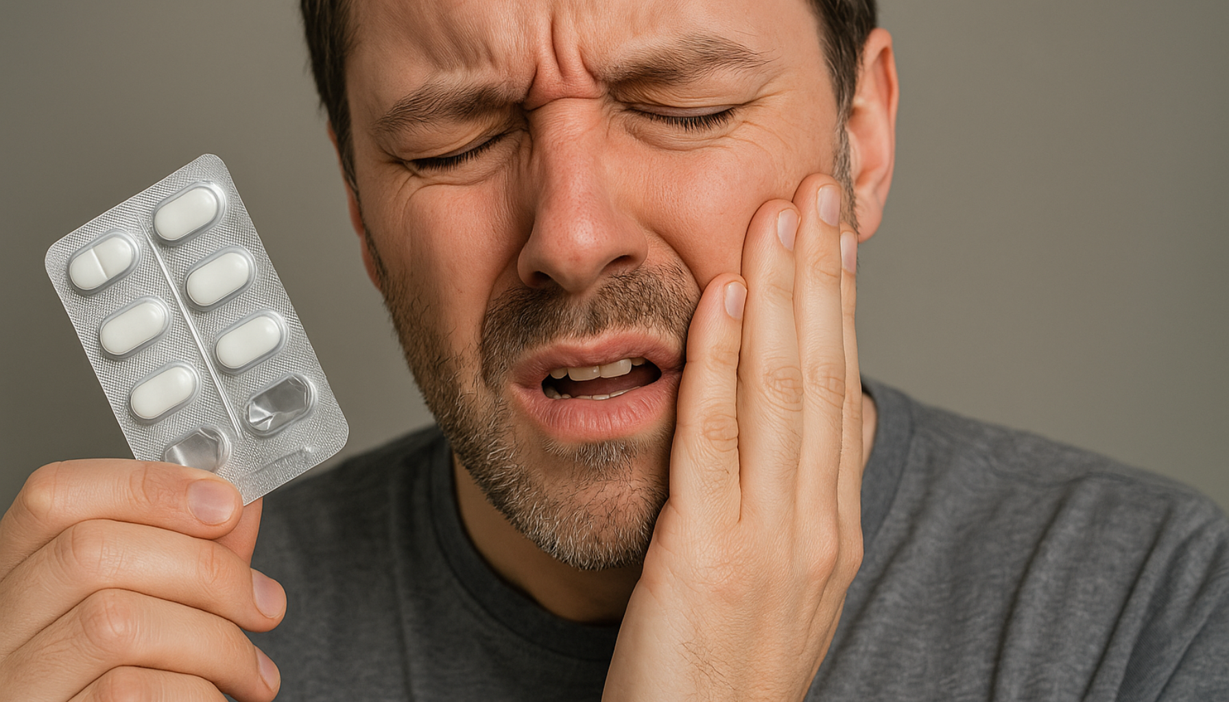 Mann med alvorlig tannpine holder kinnet sitt og en pakke med tabletter.