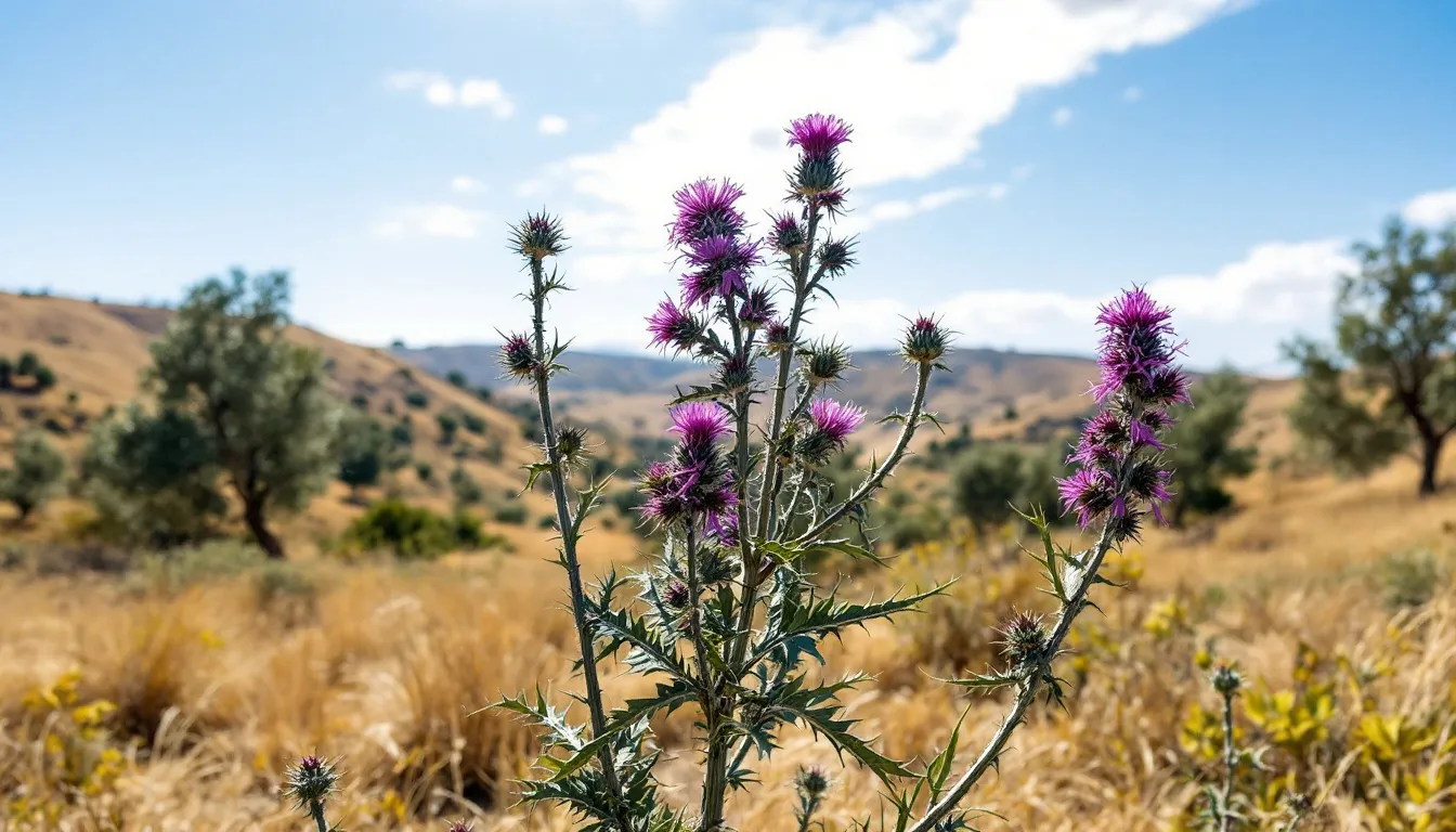 The image showcases a vibrant blessed thistle plant, characterized by its striking purple flowers, flourishing in the picturesque Mediterranean countryside. This medicinal plant, known scientifically as Cnicus benedictus, is often associated with benefits such as aiding digestion and supporting breast milk production.