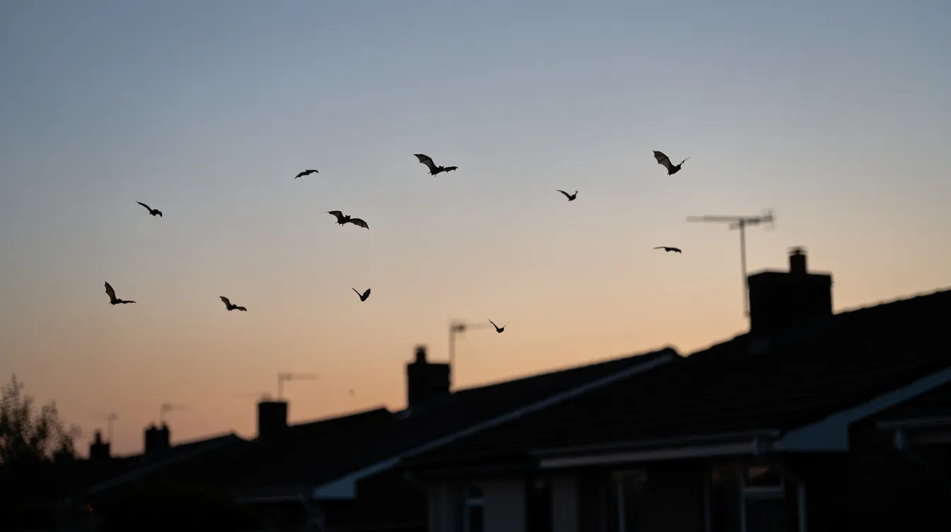 A group of small bats is flying at dusk against a twilight sky near a suburban roofline, showcasing their agile movements as they navigate the evening air. This scene highlights the presence of bats, which may indicate potential bat roosts in attics or chimneys, emphasizing the importance of wildlife removal services for homeowners.