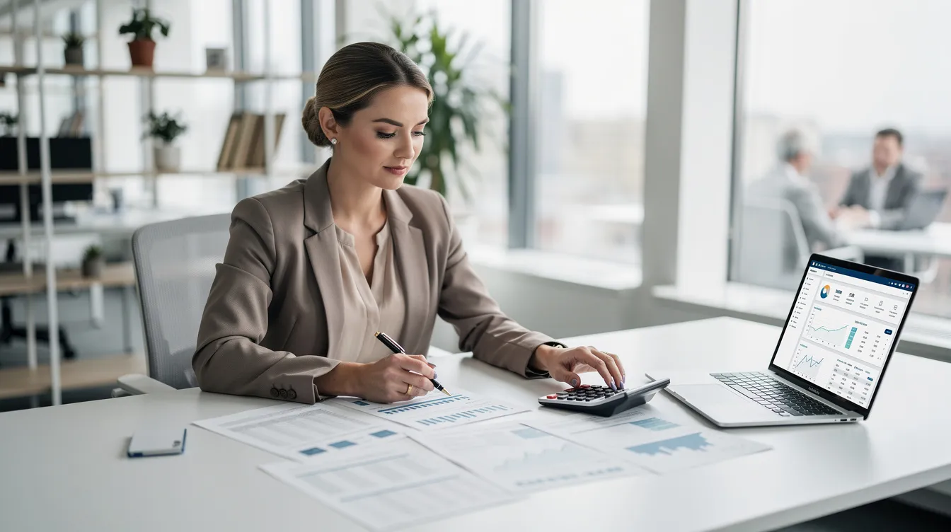 A professional woman is seated at a desk, intently reviewing financial documents while using a calculator and a laptop. The setting suggests a focused work environment, possibly related to 公務員 職位 in the 香港 特別 行政區.
