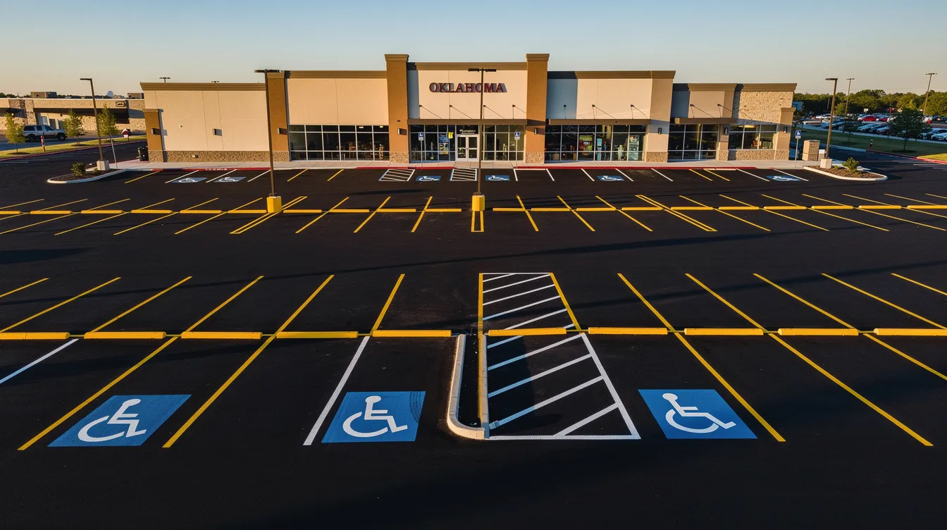 This overhead drone photograph captures a pristine commercial parking lot in Oklahoma City, showcasing a rich black asphalt surface with bright yellow parking stalls and blue ADA compliant spaces. The image highlights the quality of parking lot striping and maintenance services, set against a modern retail center under a clear blue sky during the golden hour.