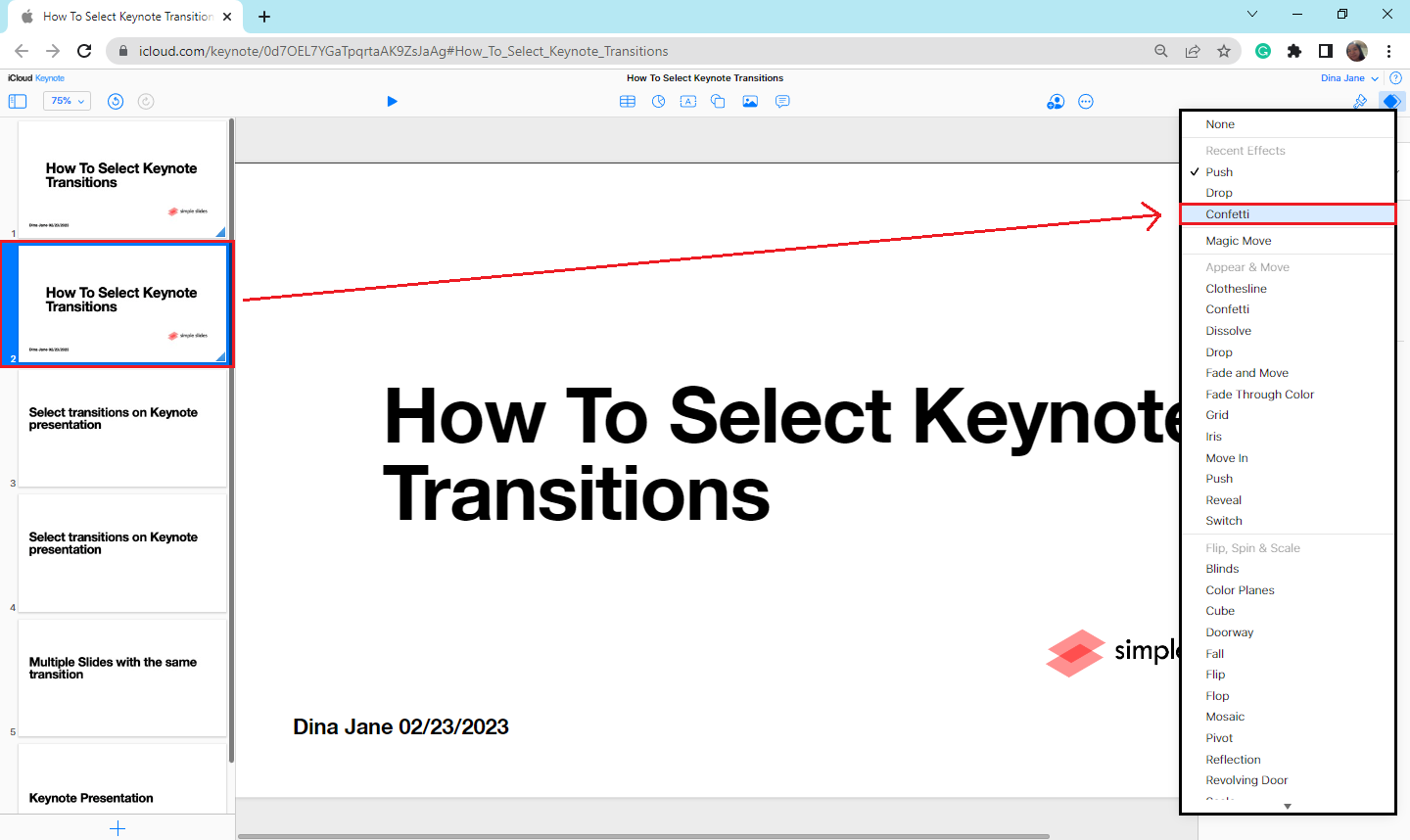Click another transition you want to apply on your Keynote Slide. E.g,. magic move