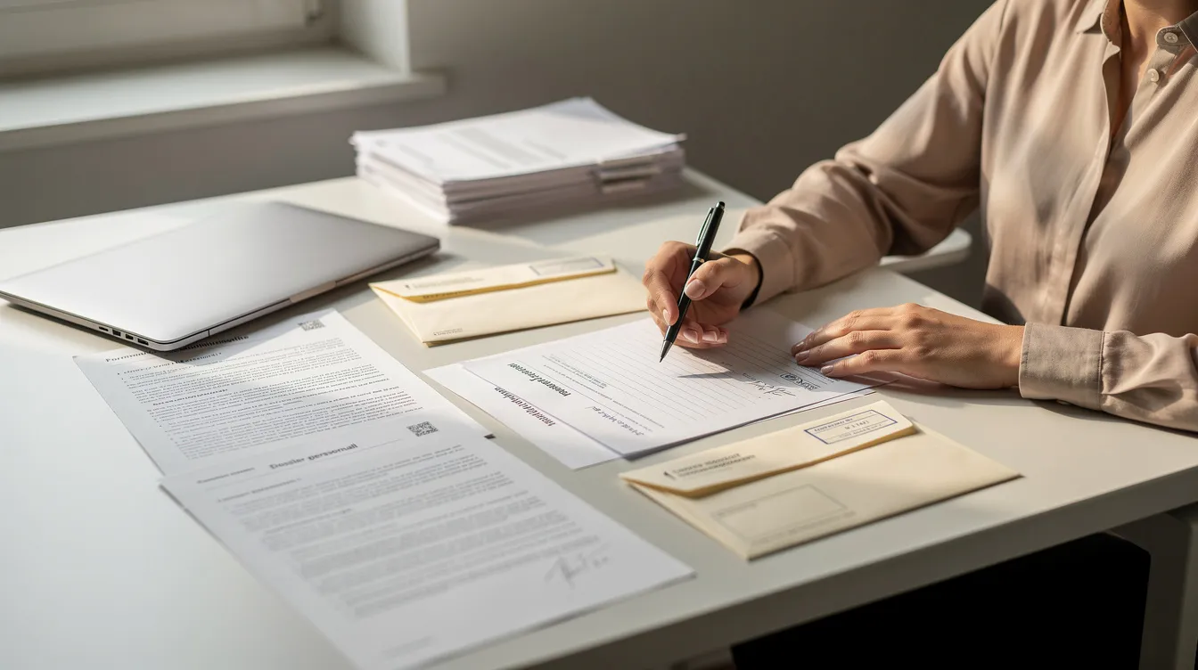 Une personne examine des documents administratifs et des bulletins de paie à son bureau