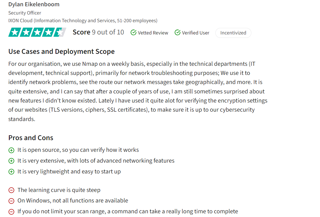 This image shows a user review of Nmap, one of the open source firewall audit tool