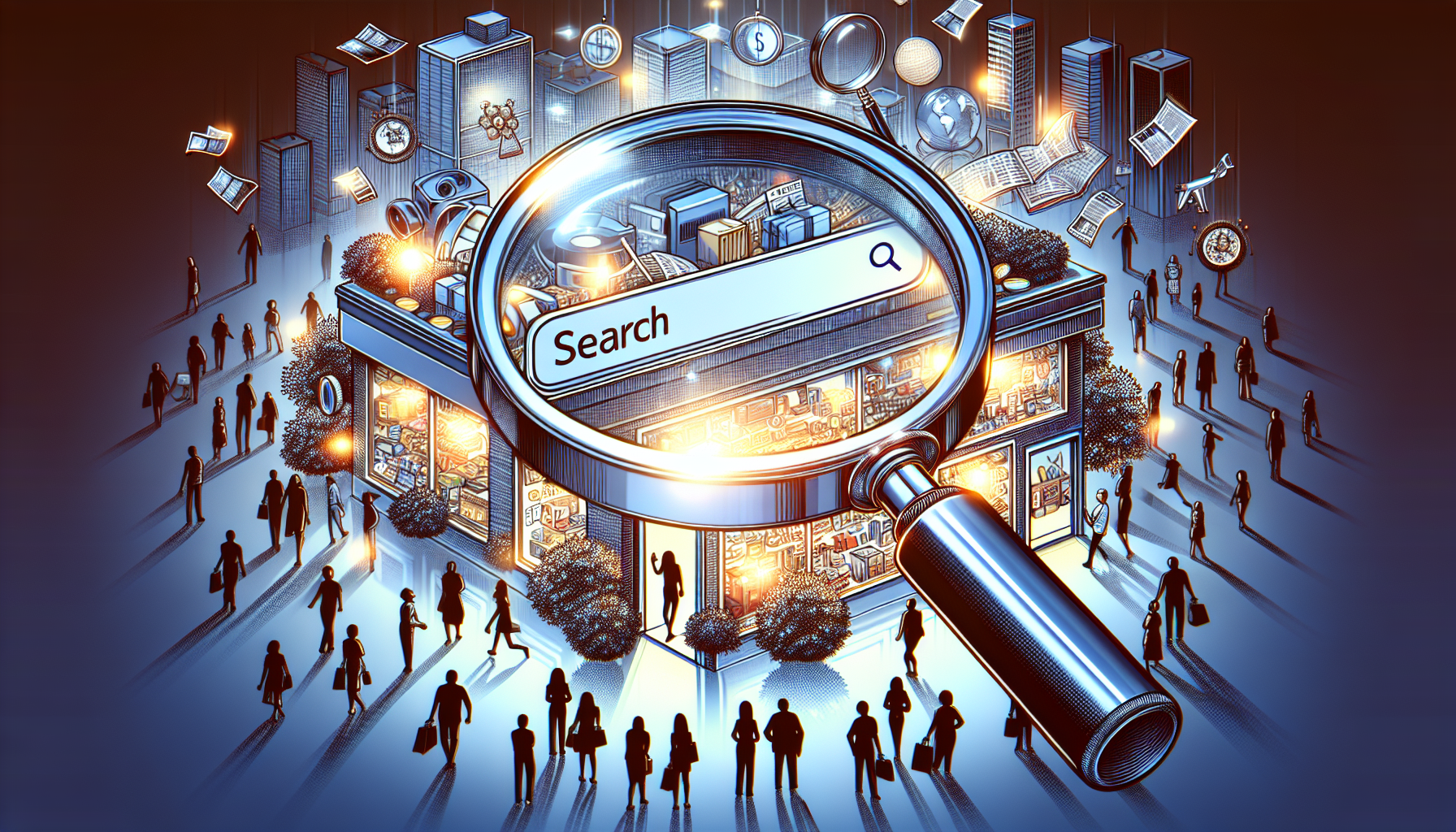 Illustration of a magnifying glass over an ecommerce website, symbolizing the need for ecommerce SEO experts