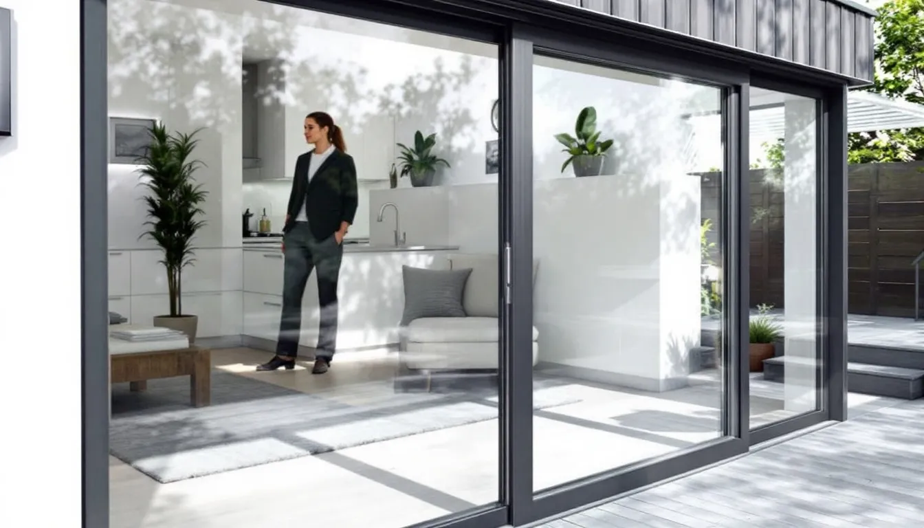 Een moderne aluminium schuifpui in een eigentijdse woning, met grote glazen panelen die een naadloze overgang naar de buitenruimte creëren. Deze schuifpui met aluminium kozijnen biedt uitstekende isolatie en een stijlvolle uitstraling, perfect voor het vergroten van de lichtinval in verscheidene ruimtes.