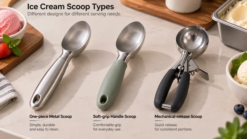 One-piece, soft-grip, and mechanical-release ice cream scoop designs for retail comparison