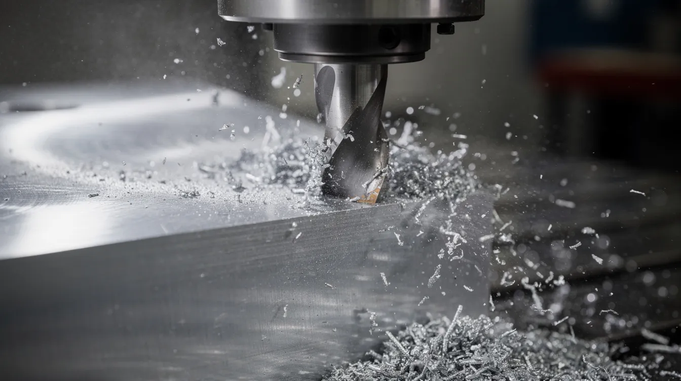 A close-up view of a CNC milling machine actively cutting into a solid aluminum billet, with metal chips flying off as it shapes the material. This image highlights the CNC machining process, showcasing the precision and efficiency involved in producing complex parts with tight tolerances.