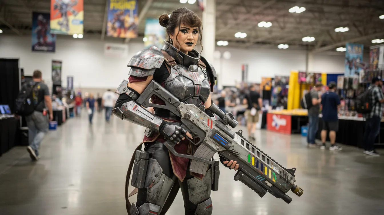 A person wearing an intricately detailed cosplay costume stands in an indoor convention hall, confidently holding a prop rifle that resembles a realistic imitation firearm. The atmosphere is vibrant with other attendees enjoying the cosplay event, showcasing their own creative outfits and props.