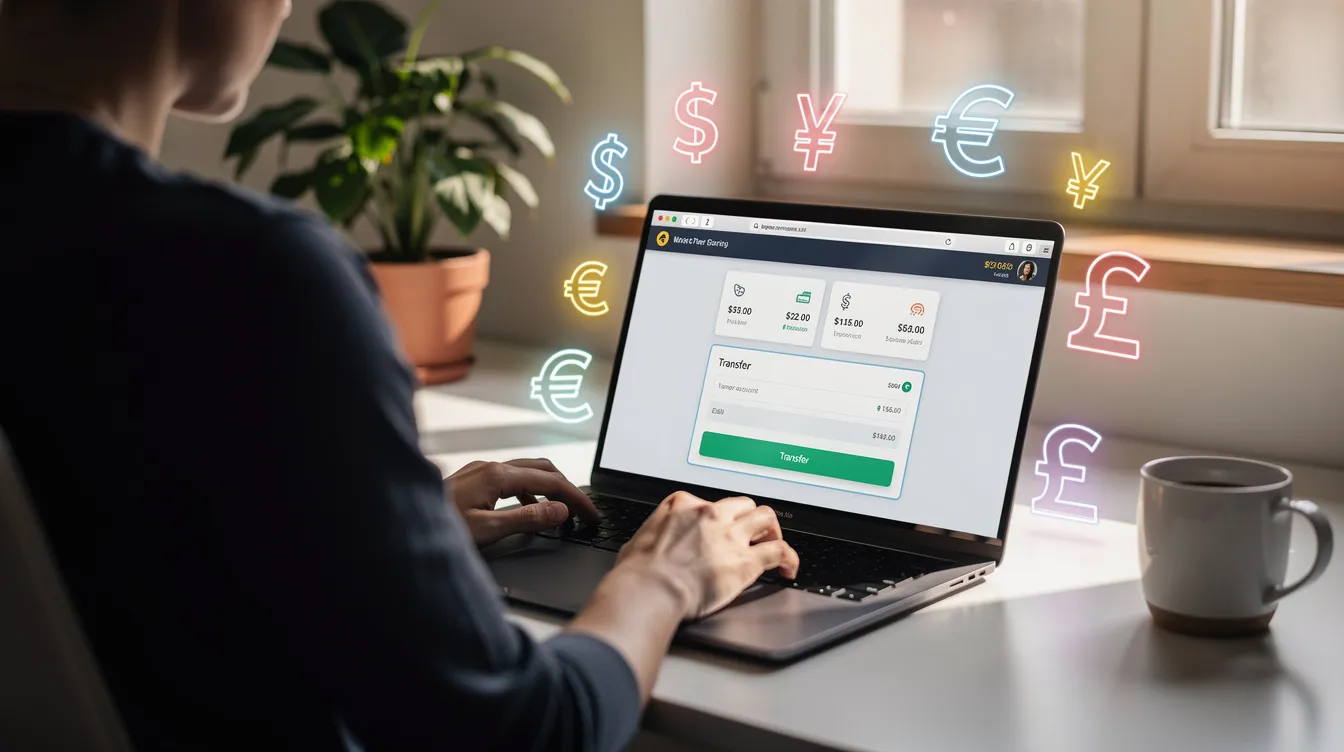 An individual is seen transferring money online using a laptop, with various currency symbols floating around the screen, symbolizing international money transfer options. This image highlights the ease of sending money across borders, reflecting services offered by banks like City Union Bank.