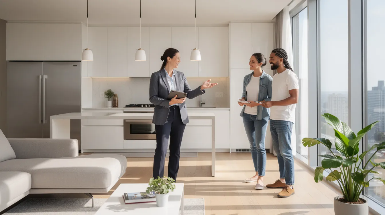 A property manager is showcasing a modern, clean apartment to prospective tenants, highlighting the importance of effective property management in maintaining tenant satisfaction and enhancing overall property value. The interaction emphasizes the significance of strong tenant relationships and proactive tenant management in the rental property business.