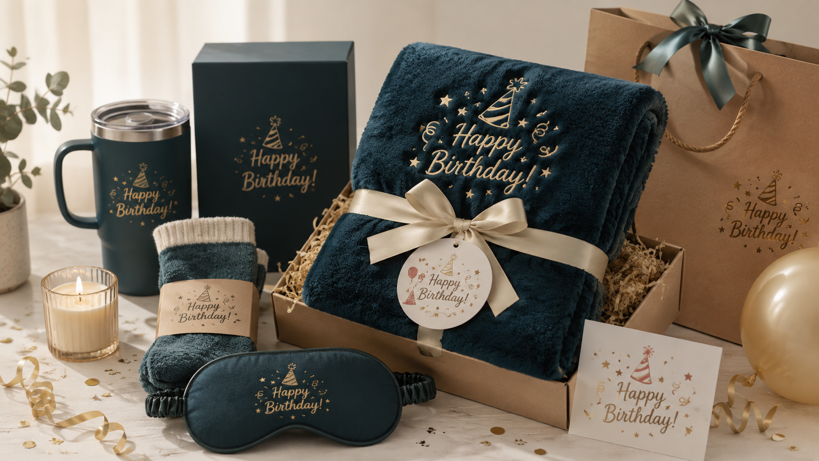 Cozy birthday gift set containing a blanket, socks, eye mask, insulated mug, and greeting card