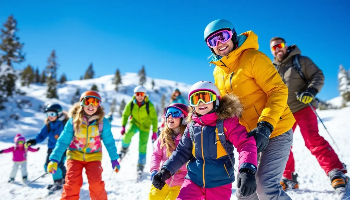 Families are enjoying winter activities and skiing together at Brian Head Resort, with children laughing and playing in the snow while others glide down the slopes. The atmosphere is filled with excitement as everyone prepares for an unforgettable season at this popular Utah ski area.