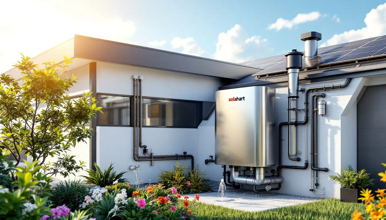 An overview of a Solahart hot water system installation with solar panels.