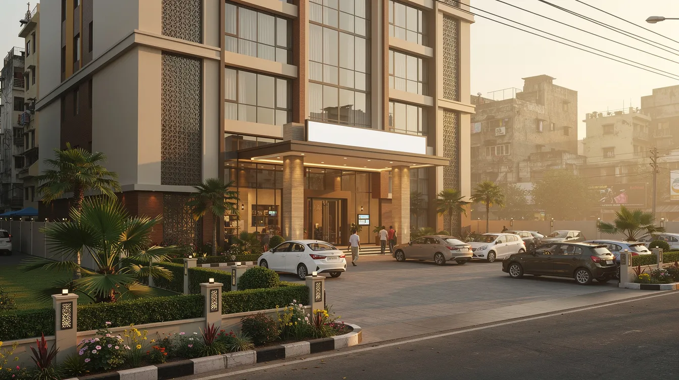 The image depicts the exterior of a modern mid-range hotel in an Indian city, showcasing a beautifully landscaped entrance along with several parked cars. This hotel is designed to attract guests with its appealing architecture, potentially enhancing its occupancy rate and overall room revenue.