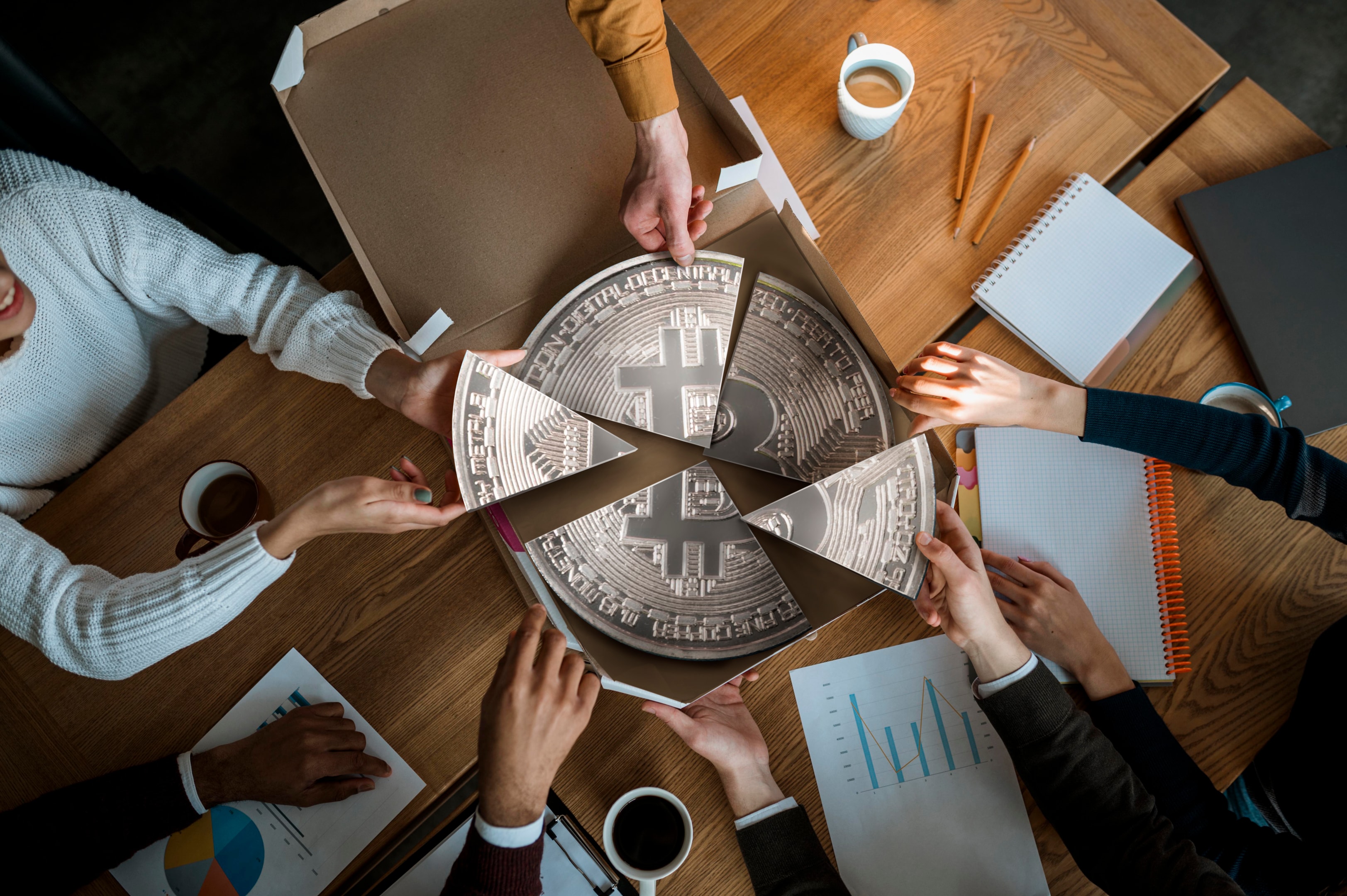 People at a dining table holding Bitcoin-symbol pizza slices, illustrating shared risks in DeFi yield farming.