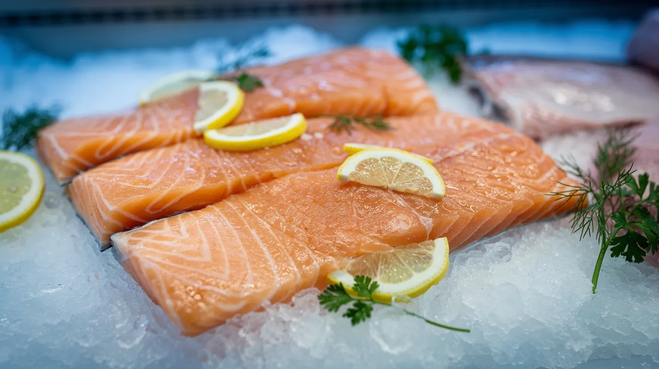 Fresh salmon fillets rest on a bed of crushed ice, accompanied by vibrant lemon wedges and a sprinkle of fresh herbs. This dish not only highlights the delicious flavors of fish, which is known to support brain health and cognitive function, but also serves as a reminder of the benefits of incorporating omega-3-rich foods into a healthy diet.