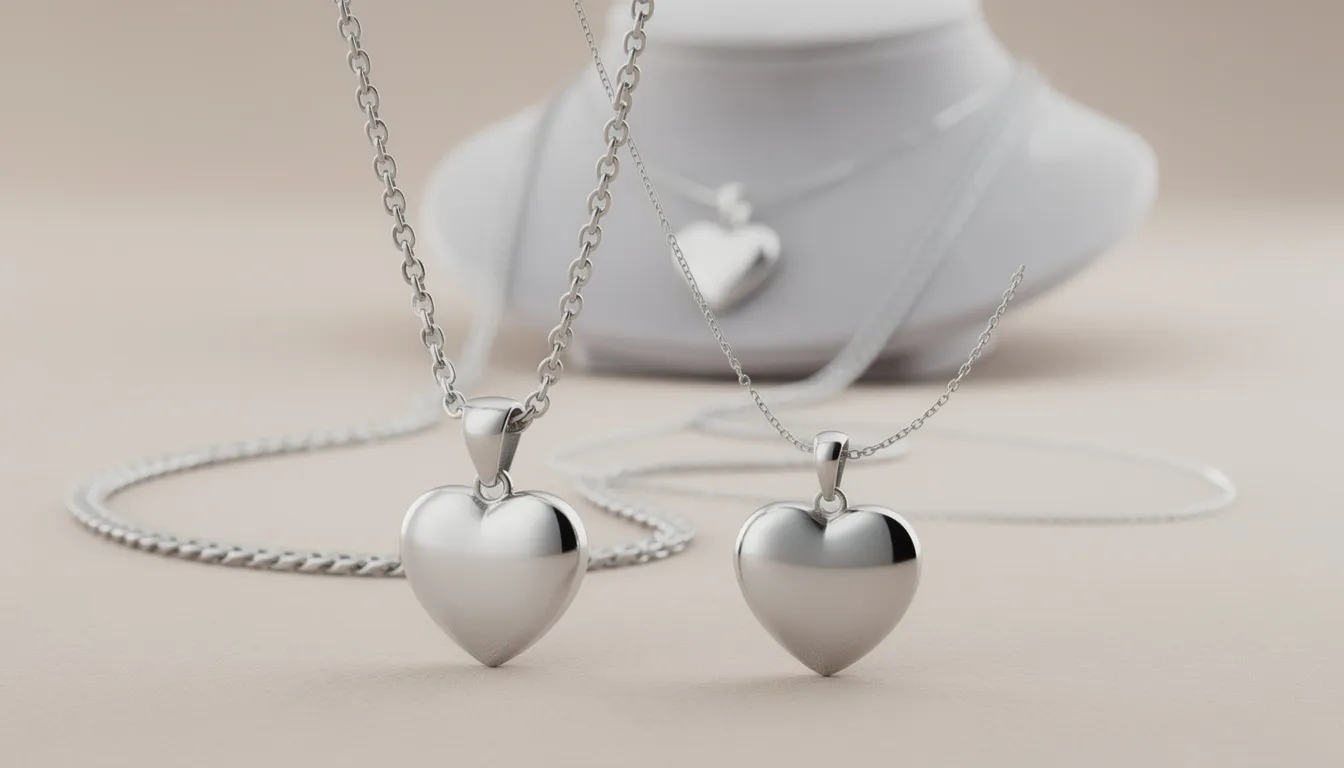 The image showcases a variety of heart necklaces, featuring both classic curb chains and delicate cable chains, each designed to beautifully complement silver heart pendant necklaces. The display highlights the versatility of these styles, making them perfect gifts for loved ones.