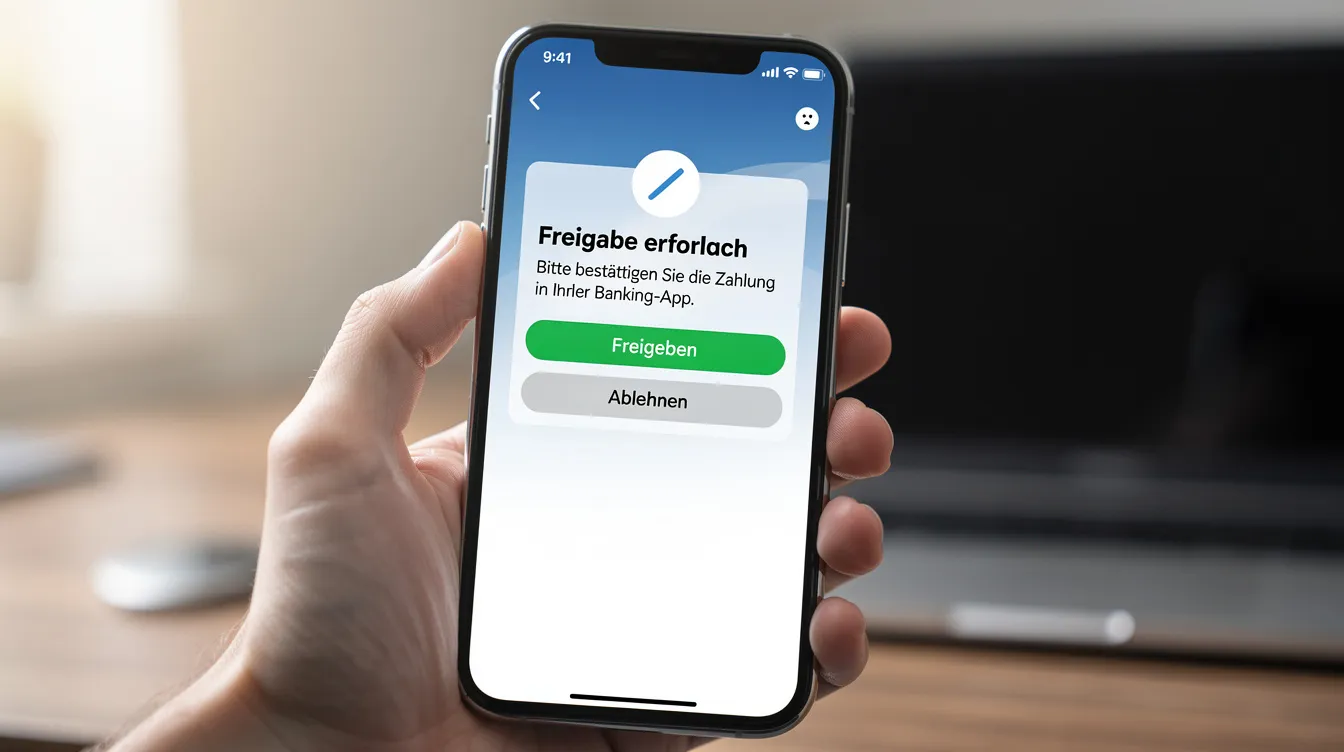 Ein Smartphone mit geöffneter Banking-App zeigt eine Push-Benachrichtigung zur Freigabe von Bankgeschäften, die den Zugang zu Konto-Transaktionen und den Vorteilen des Onlinebankings bei der Volksbank Pur ermöglicht. Im Hintergrund ist ein neutraler Farbton zu sehen, der die Benutzeroberfläche der App hervorhebt.