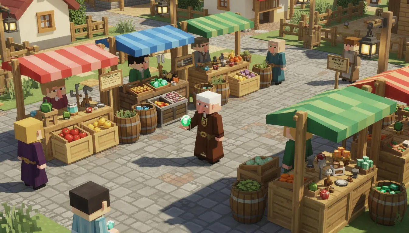 The image depicts a vibrant Minecraft-style marketplace bustling with villagers, each offering unique items and trades. This colorful scene showcases various stalls and blocks, inviting players to explore and interact within their Minecraft world.