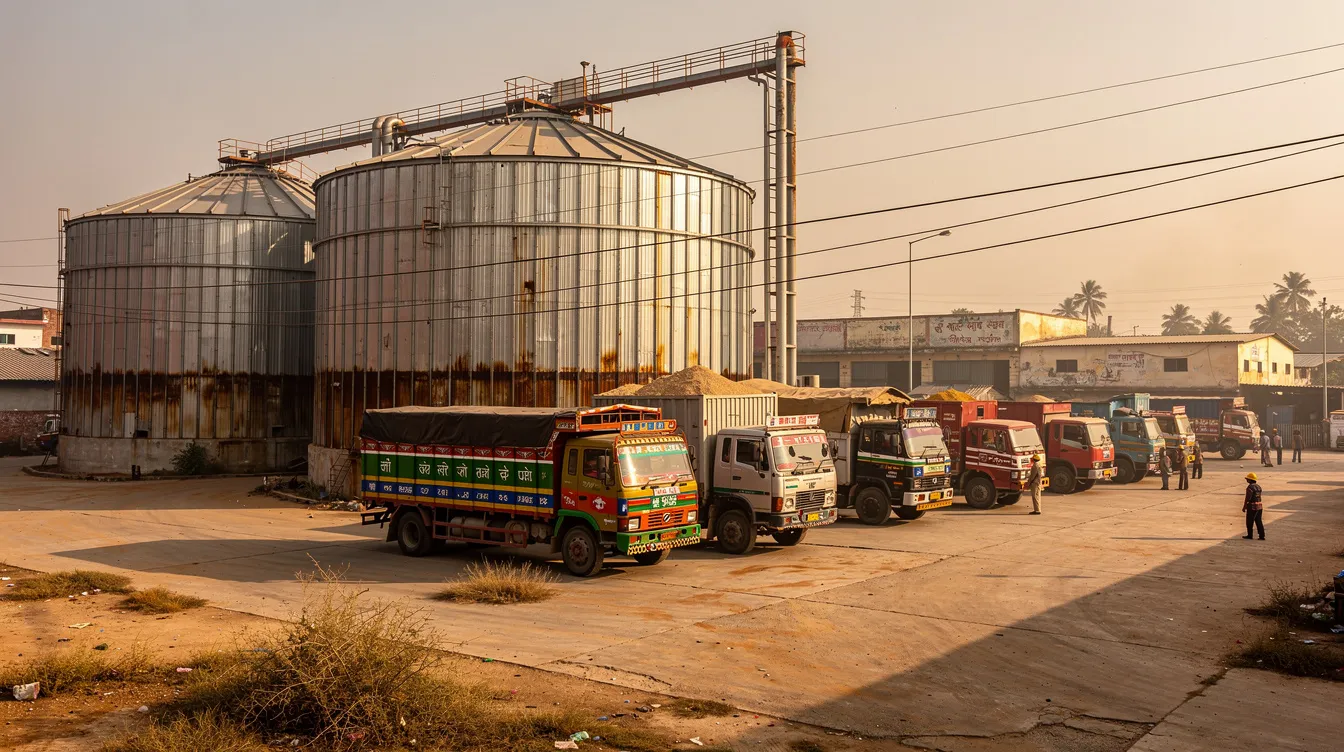 b2673d2b c8da 4c26 a03b 97d9adc13d02 The image depicts large agricultural storage silos in an Indian industrial zone, surrounded by parked trucks, emphasizing the infrastructure of the soybean processing industry. This setting highlights the critical role of soybean production and the associated risks in the market, including price volatility and crush margins.