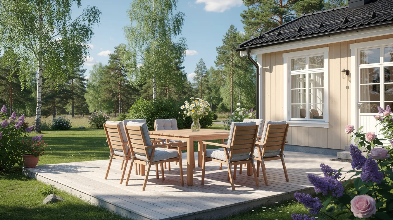 En svensk uteplats med ett brett utbud av trädgårdsmöbler i olika material, inklusive bekväma stolar och bord, står i solskenet under försommar. Denna avkopplande miljö erbjuder en perfekt plats för att njuta av utomhusbruk och skapa minnen i trädgården eller på balkongen.