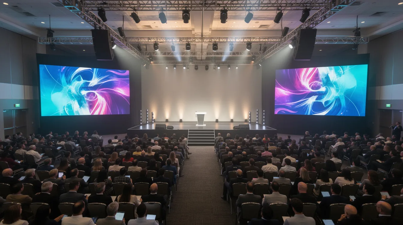 A wide-angle view of a bustling convention center general session features dual LED video screens flanking a central stage, surrounded by hundreds of attendees engaged in the event. The high-resolution LED displays showcase stunning visuals, creating an immersive experience for participants at this large-scale indoor event.