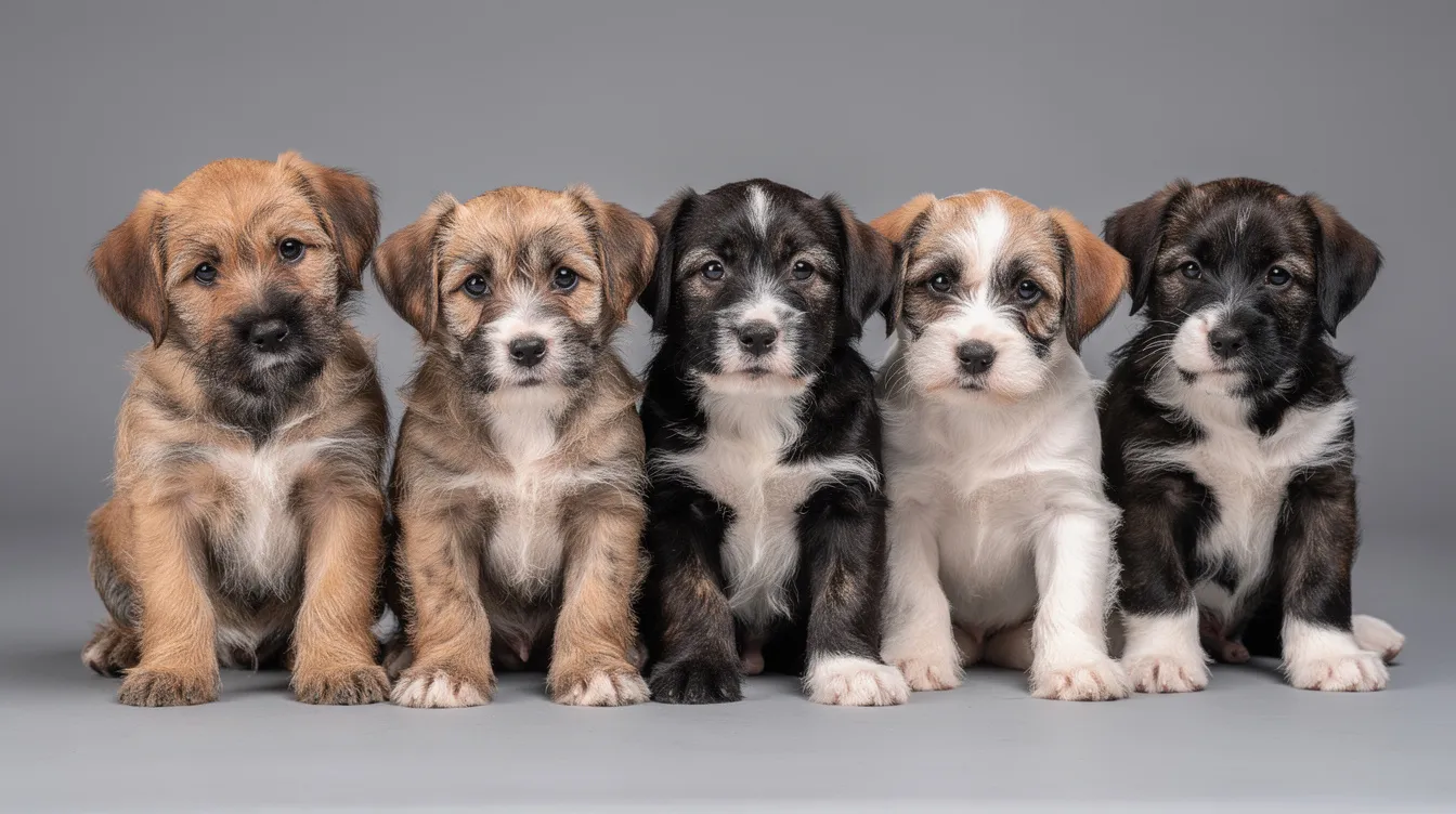 A litter of playful Barbado da Terceira puppies is gathered together, showcasing their slightly wavy coats with white markings. These well-socialized puppies, known for their herding instinct and friendly temperament, are a rare breed originating from the Portuguese island of Terceira.