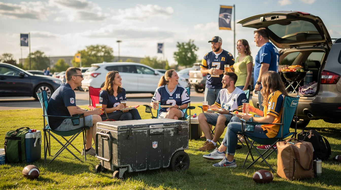 A lively tailgate party scene features a group of friends enjoying their time on the grass, surrounded by camping chairs and a large wheeled cooler equipped with a device attached bottle opener. The cooler showcases a main zippered compartment and two side mesh pockets, perfect for keeping drinks cold and easily accessible during their backyard BBQ.