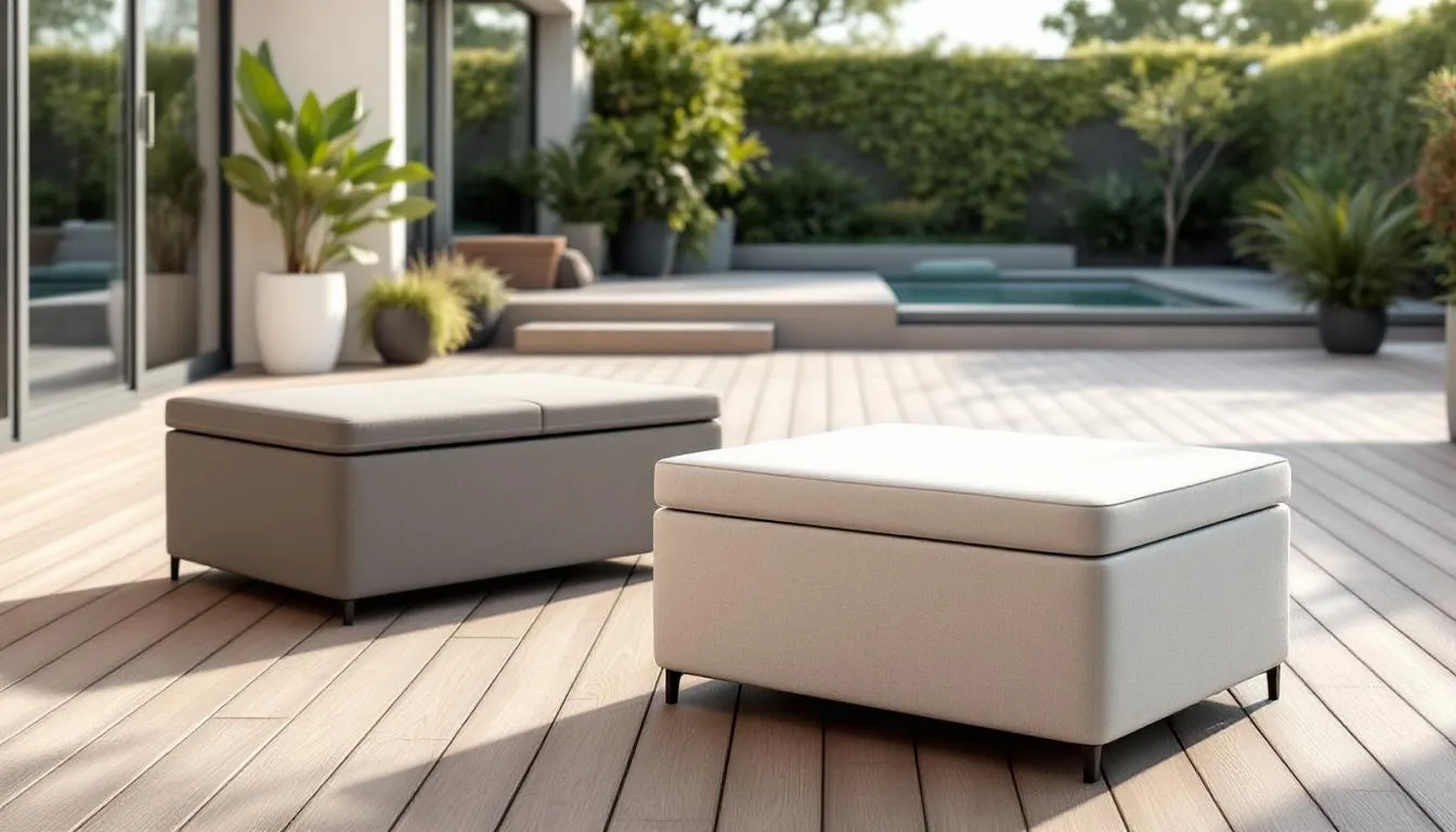 Outdoor storage ottomans providing extra seating and storage in an outdoor setting.