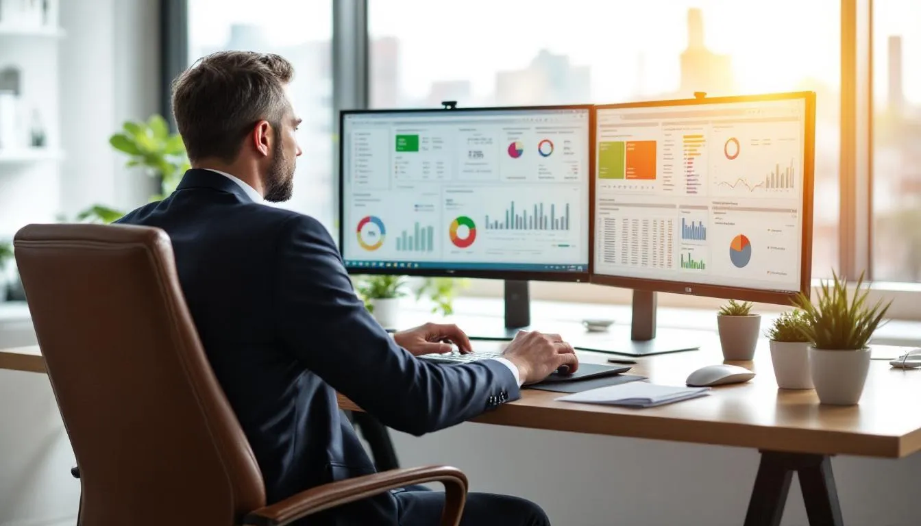 A hotel manager is focused on analyzing guest data and revenue reports displayed across multiple computer screens, which aids in understanding different market segments and optimizing marketing strategies for the hospitality industry. This analysis is crucial for maximizing revenue and enhancing guest satisfaction by targeting specific hotel market segments.