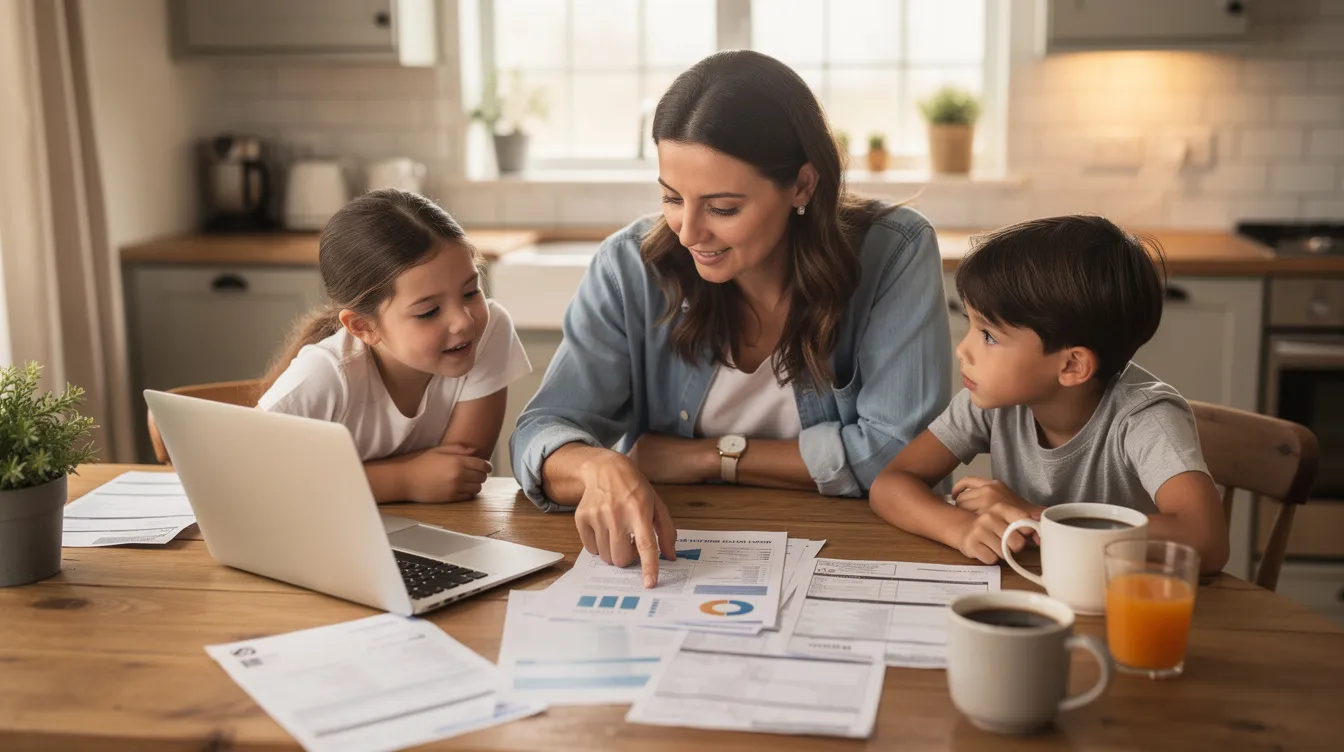 A family is gathered around a kitchen table, reviewing financial documents together, likely discussing their options for filing bankruptcy, such as chapter 7 or chapter 13 bankruptcy, to help manage their debts and create a repayment plan. They appear focused and engaged, indicating a serious discussion about how to repay creditors and navigate the bankruptcy process.
