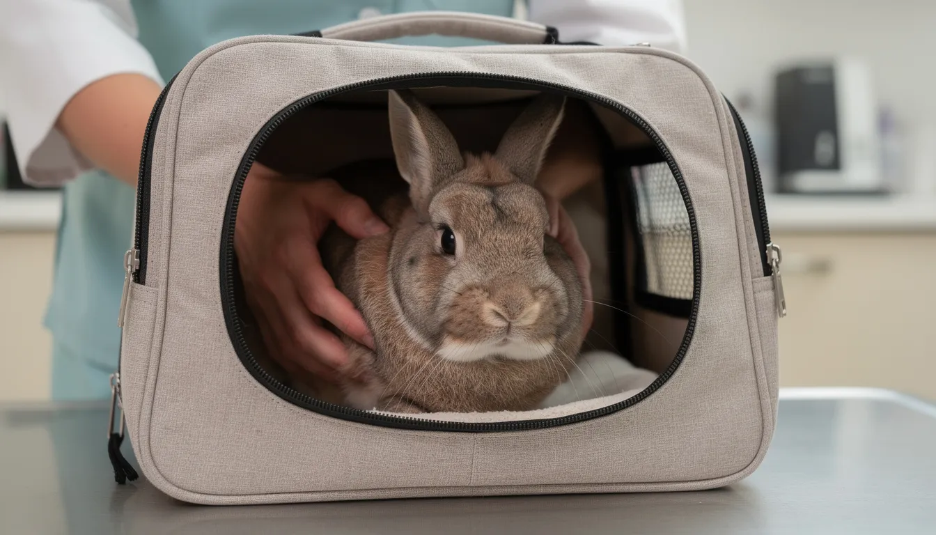 A handler gently places a calm rabbit into a soft-sided pet carrier, highlighting the rabbit's personality and the soothing nature of animal-assisted therapy. This interaction emphasizes the emotional support that therapy animals, like this bunny, can provide to individuals in care centers and hospitals.