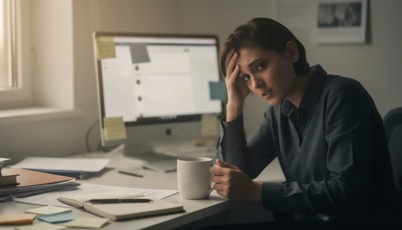 A tired person sits at a desk, looking unfocused while holding a cup of coffee, possibly experiencing symptoms of brain fog and mental fatigue. The scene reflects the challenges of cognitive function and the effects of poor sleep on daily life.