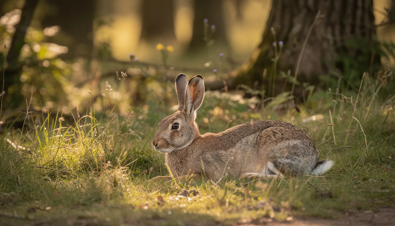 A young hare, likely a snowshoe hare, is resting in tall grass at the edge of a woodland, surrounded by young trees and bushes. Its dark brown fur blends with the grass, and its large ears are perked up, alert to the sounds of its natural habitat.