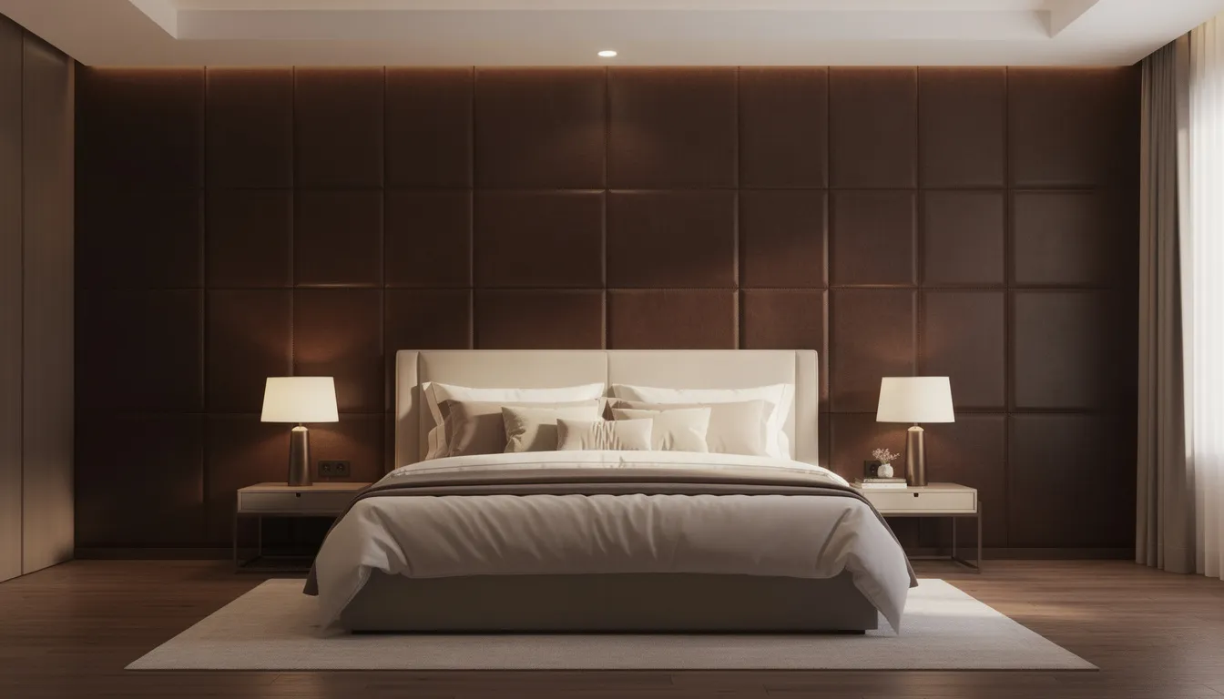 De afbeelding toont een slaapkamer met donkerbruine leren wandbekleding achter een luxe bed, dat is opgemaakt met zacht beddengoed. De warme uitstraling van de wandbekleding en het bed creëert een unieke sfeer van luxe en comfort in de ruimte.