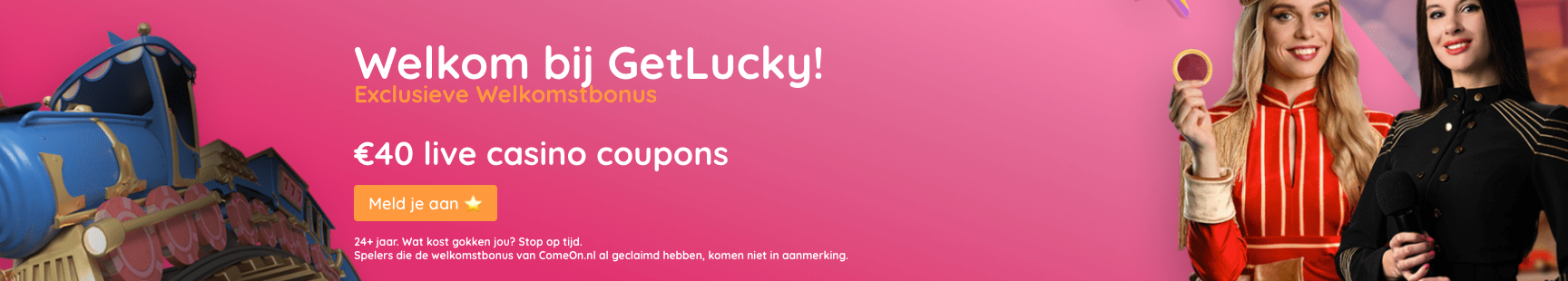 Promotiebanner van GetLucky Casino met een welkomstbonus van €40 live casino coupons, inclusief registratieknop en afbeeldingen van live casinodealers.